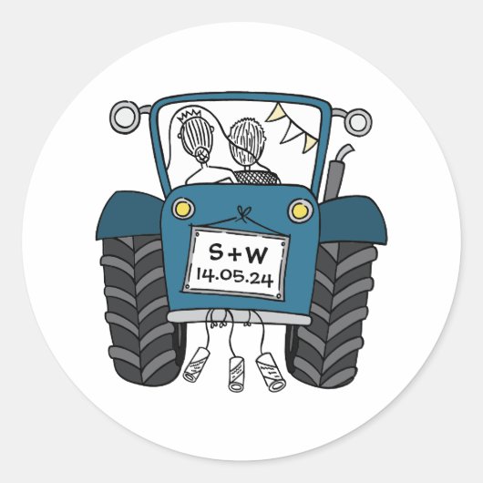 Custom Blue Tractor Country Barn Rustieke bruiloft Ronde Sticker (Voorkant)