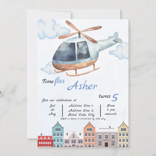Custom Blue Watercolor Helicopter Boys Birthday Kaart (Voorkant)