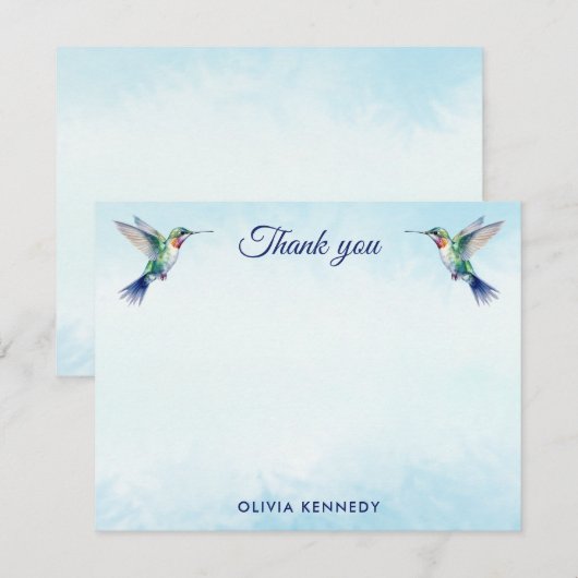 Custom Blue Watercolor Hummingbird Thank You Notitiekaartje (Voorkant / Achterkant)