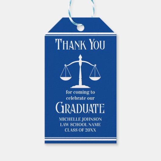 Custom Blue White Law School Afstudeerfeest Cadeaulabel (Voorkant)