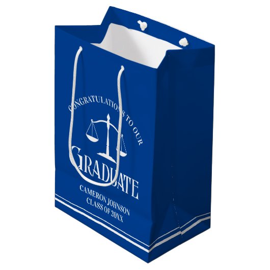 Custom Blue White Law School Afstudeerfeest Medium Cadeauzakje (Voorkant Gekanteld)