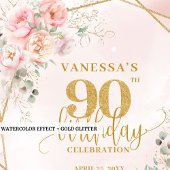 Custom Blush Floral Gold Glitter 90th Birthday Papieren Bordje
