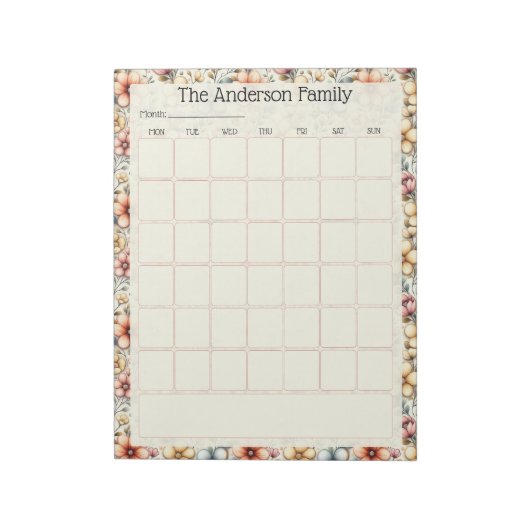 Custom Blush Floral Monthly Calendar Notepad Notitieblok (Linkerzijde)
