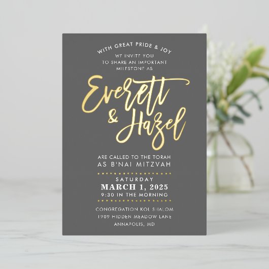 CUSTOM B'nai Mitzvah imitation Gold scriptnaam Folie Uitnodiging (Staand Voorkant)
