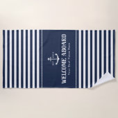 Custom Boat Name Striped Blue White Welcome Aboard Strandlaken (Voorkant)