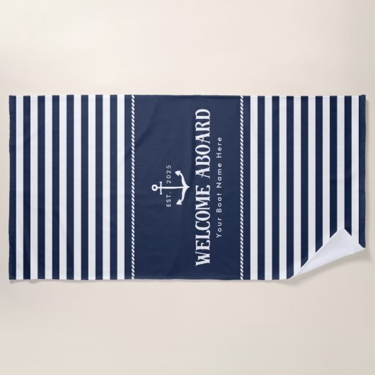 Custom Boat Name Striped Blue White Welcome Aboard Strandlaken (Voorkant)