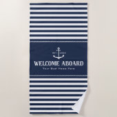 Custom Boat Name Striped Blue White Welcome Aboard Strandlaken (Voorkant)
