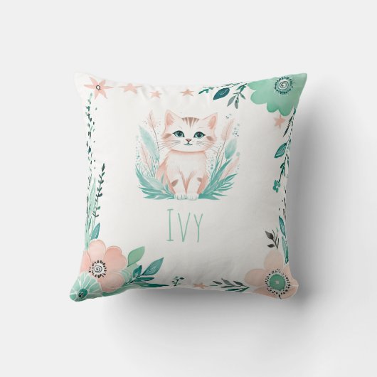 Custom Boho Schattige Kitten Kussen Pastel Groen (Achterkant)