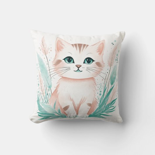 Custom Boho Schattige Kitten Kussen Pastel Groen (Voorkant)