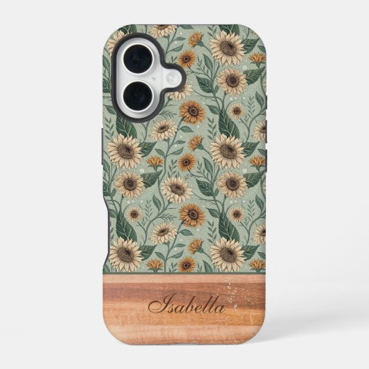Custom Boho Sunflowers Wood Effect iPhone 16 Hoesje (Achterkant)