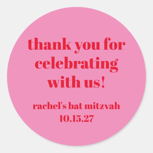 Custom Bold Roze Rood Modern Bat Mitzvah Dank u Ronde Sticker (Voorkant)