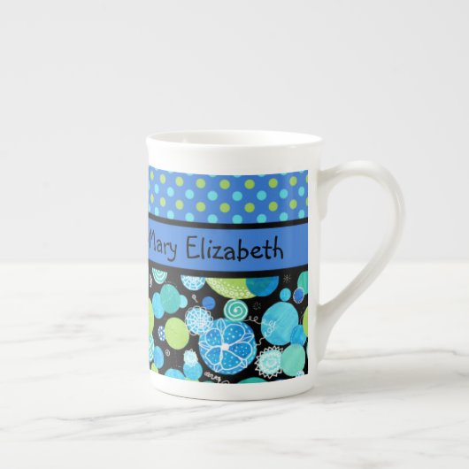 Custom Bone China Mok, Quirky Blue Moons Pattern Porselein Kop (Rechts)