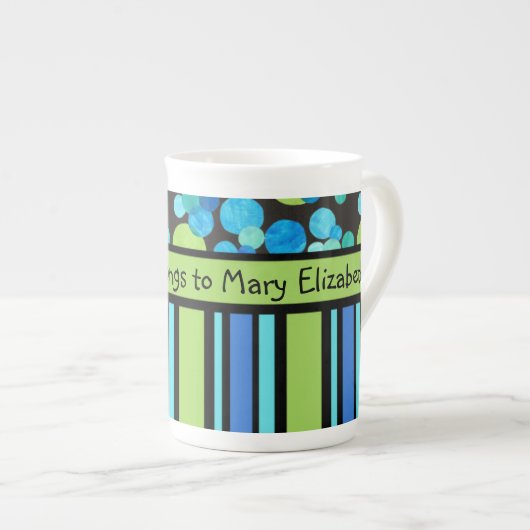 Custom Bone China Mok, Striped Blue Moons Pattern Porselein Kop (Voorkant rechts)