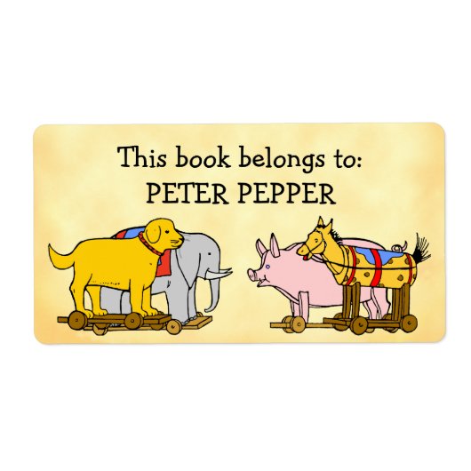 Custom Bookplate Toy Dog, Horse, Elephant and Pig Etiket (Voorkant)