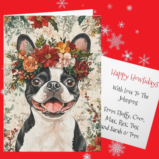 Custom Boston Terrier Christmas Floral Crown Feestdagen Kaart