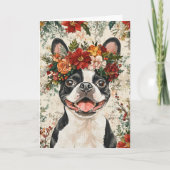 Custom Boston Terrier Christmas Floral Crown Feestdagen Kaart (Voorkant)