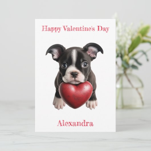 Custom Boston Terrier Pup met een Heart Valentijn Feestdagenkaart (Staand voorkant)