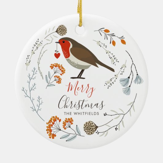 Custom Botanical Robin Bird Botanical Christmas Keramisch Ornament (Achterkant)