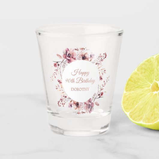 Custom Bourgondië Stoffig Roze Bloemen 90e Verjaar Shot Glas (Voorkant)