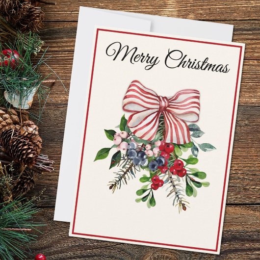 Custom, Bow Berries & Foliage Flat Christmas Card Feestdagenkaart