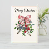 Custom, Bow Berries & Foliage Flat Christmas Card Feestdagenkaart (Staand voorkant)