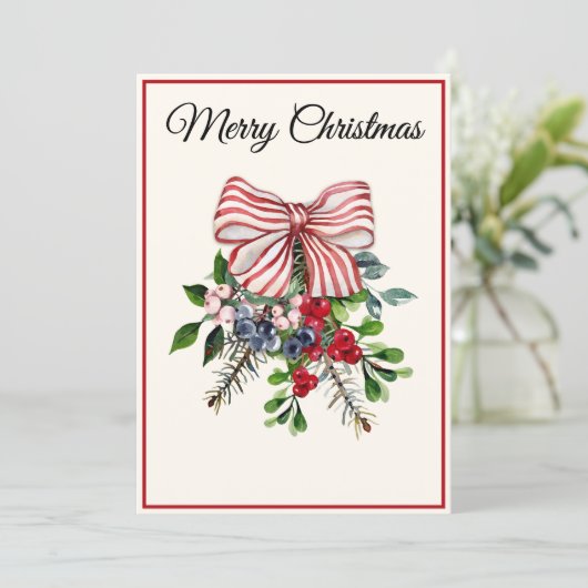 Custom, Bow Berries & Foliage Flat Christmas Card Feestdagenkaart (Staand voorkant)