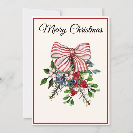 Custom, Bow Berries & Foliage Flat Christmas Card Feestdagenkaart (Voorkant)