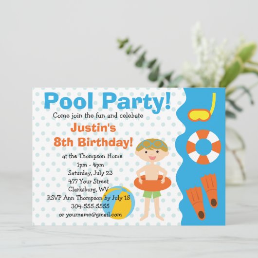 Custom Boy Birthday Pool Party Kaart (Staand voorkant)