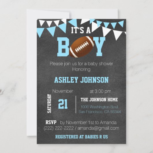 Custom Boy Chalkboard Football Thema Baby shower Kaart (Voorkant)