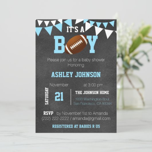 Custom Boy Chalkboard Football Thema Baby shower Kaart (Staand voorkant)