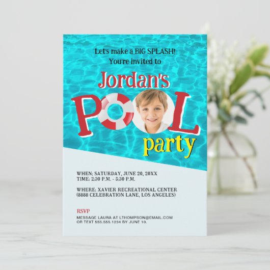 Custom Boy Foto Verjaardag Zwembad Party Kaart (Staand voorkant)