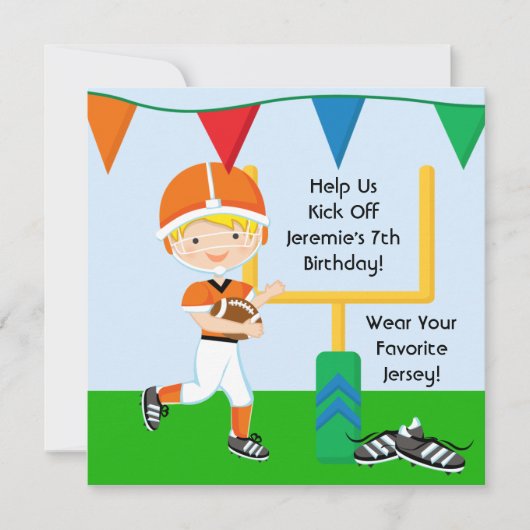 Custom Boy in Oranje Football Birthday Invitation Kaart (Voorkant)