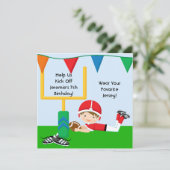 Custom Boy in RedFootball Verjaardag uitnodiging (Staand voorkant)