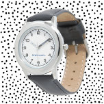 Custom Boy Name Steel Zwart Leather Strap Kinder Horloge<br><div class="desc">Aangepaste jongensnaam Roestvrij staal Zwart lederen band Kinder horloge</div>