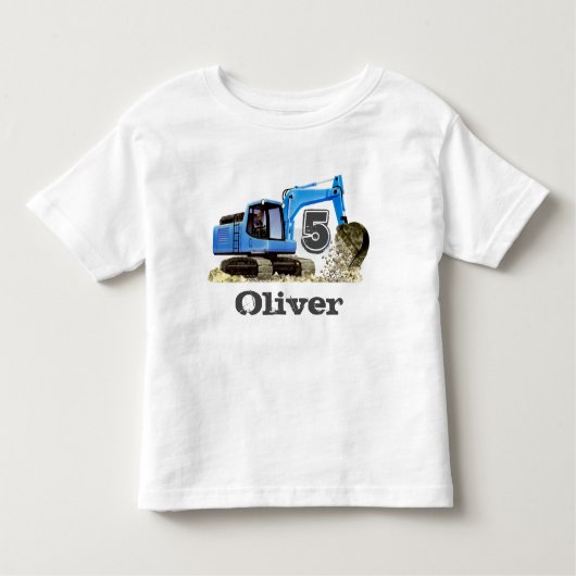 Custom Boy's 5th Birthday Blue Digger Excavator Kinder Shirts (Voorkant)