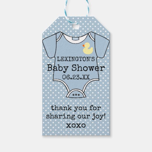 Custom Boys Baby shower Dank u met Footprints Cadeaulabel (Voorkant)