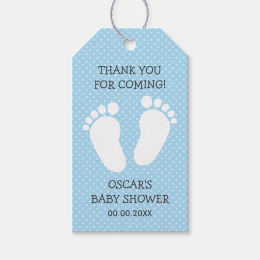 Custom boys baby shower dank u voetafdrukken stapp cadeaulabel (Voorkant)