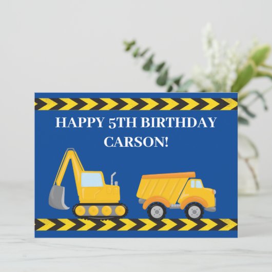 Custom Boys Construction Truck Happy Birthday Kaar (Staand voorkant)