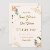 Custom branded beige en gouden bloemenbruiloft kaart (Voorkant / Achterkant)