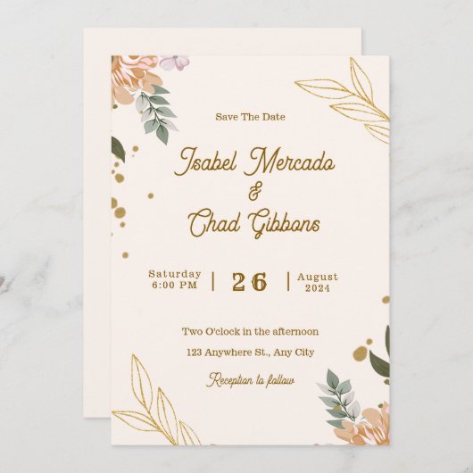 Custom branded beige en gouden bloemenbruiloft kaart (Voorkant / Achterkant)