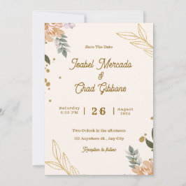 Custom branded beige en gouden bloemenbruiloft kaart