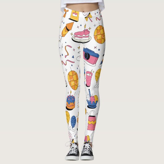 Custom Branded Birthday in Blauw Roze Sinaasappel Leggings (Voorkant)