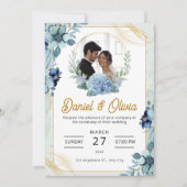 Custom Branded Blauw en Wit Bloemen Bruiloft Kaart (Voorkant)