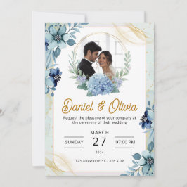 Custom Branded Blauw en Wit Bloemen Bruiloft Kaart