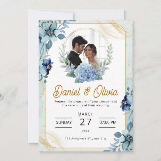 Custom Branded Blauw en Wit Bloemen Bruiloft Kaart (Voorkant)