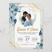 Custom Branded Blauw en Wit Bloemen Bruiloft Kaart (Voorkant / Achterkant)