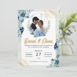 Custom Branded Blauw en Wit Bloemen Bruiloft Kaart