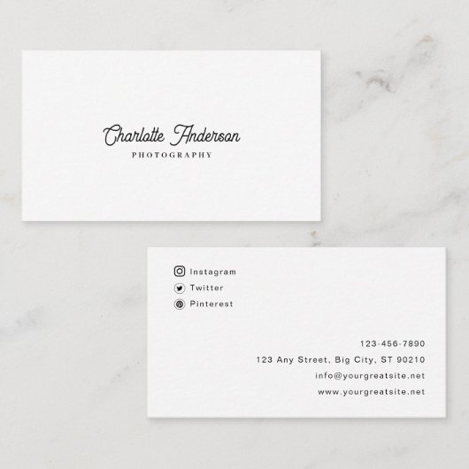 Custom Branded Eenvoudige Witte & Zwarte Fotografi Visitekaartje (Voorkant / Achterkant)