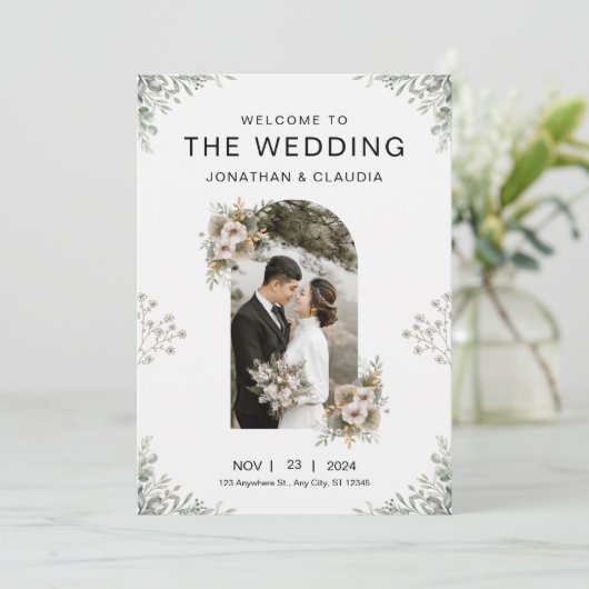 Custom Branded Grey Floral Waterverf Bruiloft Kaart (Staand voorkant)