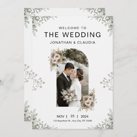 Custom Branded Grey Floral Waterverf Bruiloft Kaart (Voorkant / Achterkant)